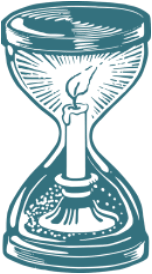 A image in green of a candle on a short holder burning inside an hourglass. It is clearly meant to suggest the XR logo.