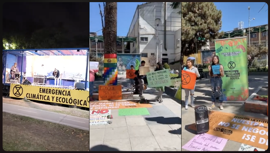 Three photos of outdoor scenes featuring people holding Spanish-language protest signs.