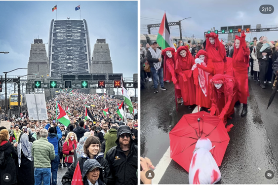 Two pictures, people walking on a bridge and red rebels silent performing