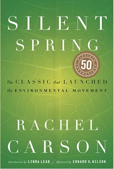The cover image of "Silent Spring." It is a close-up image (apparently not a photo) of a green leaf with veins faintly visible. The title is in large, white letters at the top. The author's name is equally large at the bottom. There is a round, brown and white logo under the title that reads "fiftieth anniversary" and the number, 50, and, in small, black lettering in the middle of the cover, "The classic that launched the environmental movement". At the very bottom, below the author's name, small, white lettering reads "Introduction by Linda Lear" and "Afterward by Edward O. Wilson".
