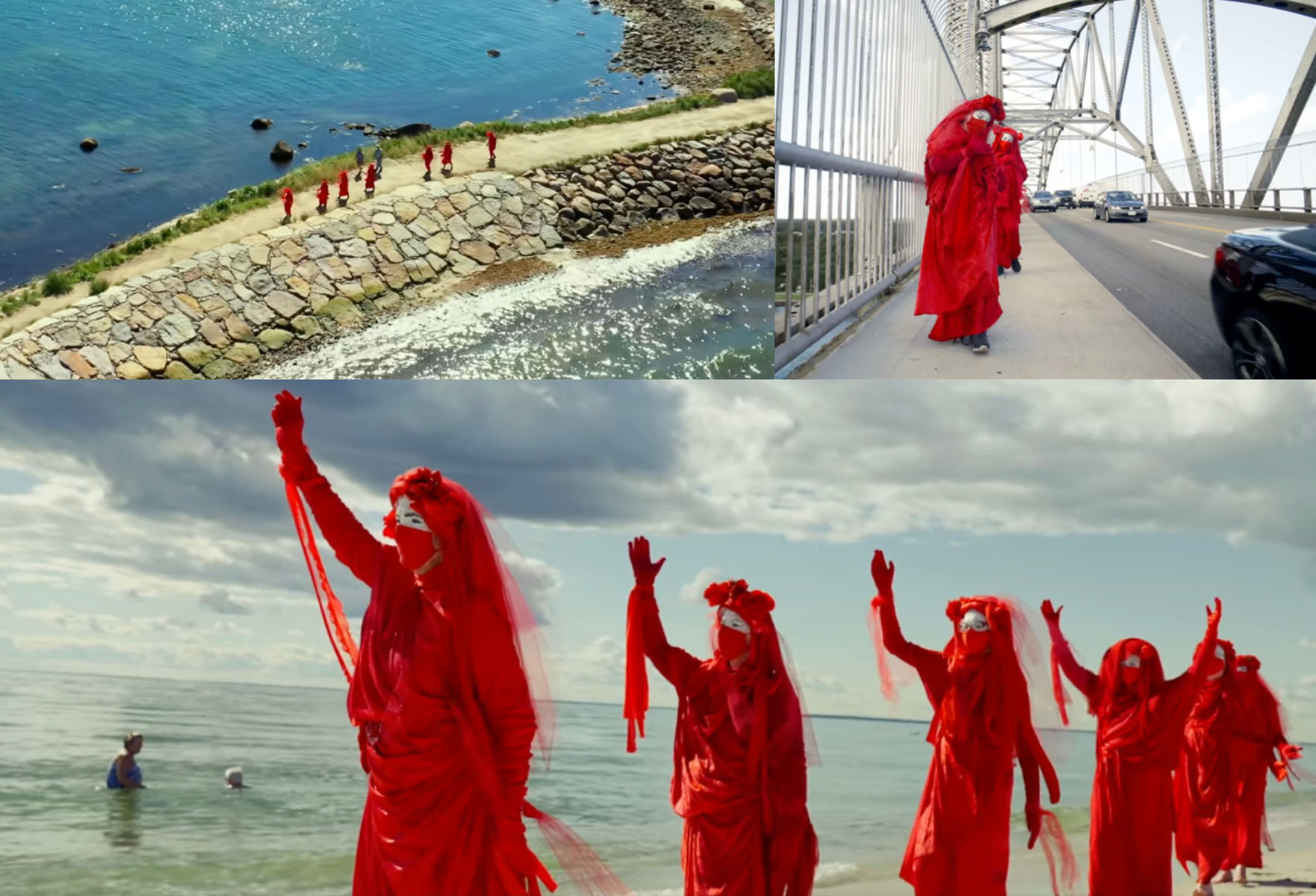 Scenes from
Red Rebels, directed by Jonathan Schwartz of CMI (Climate Media
Initiative). A trio of images showing the Red Rebels: filmed from above, on a bridge,and at a beach.